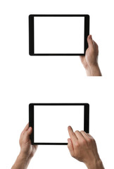 Man holding tablet computer on white background, closeup