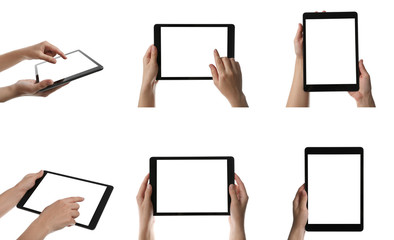 Collage with photos of woman holding tablet computer on white background, closeup