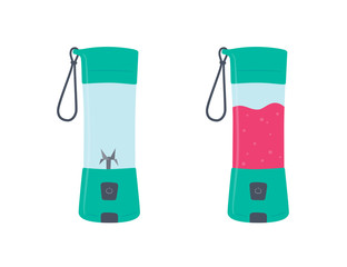 Portable mixer for smoothies and mixed drink. Empty blender and blender with a smoothie. Hand drawn vector illustration on white background