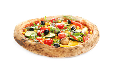 Delicious hot vegetable pizza on white background