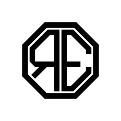 RE initial monogram logo, octagon shape, black color