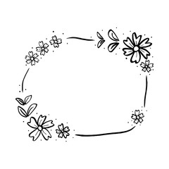 Doodle black line flowers with leaf in round square frame. 2 silhouette for cut file, clipart. Digital or printable sticker. Vector illustration for decorate logo, card or any design.