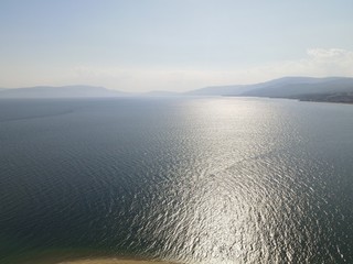 Aerial drone photo over the beach and small peninsula of the Strimonas river in North Greece, Macedonia