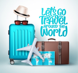 Let's go travel around the world vector design. Let's go travel typography text with travel vacation and tour elements like luggage bag, suitcase, map and hat in white background. Vector illustration. © AmazeinDesign