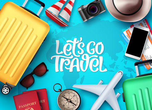 Let's go travel vector background design. Let's go travel text in empty space with travel vacation and tour elements like luggage bag, passport, camera and compass in blue world map background. Vector