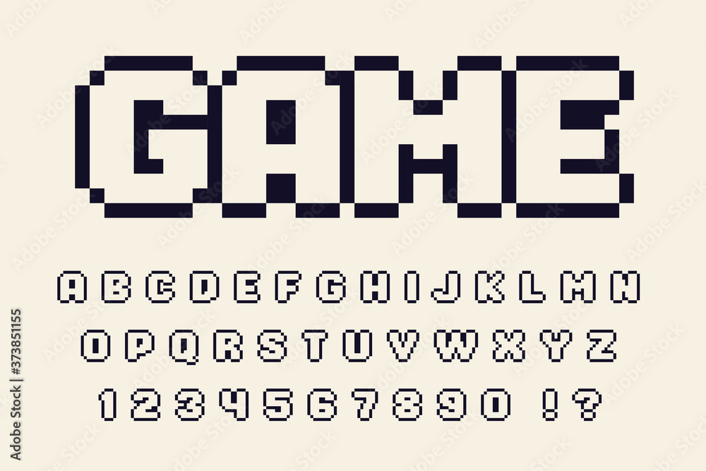 Poster Pixel monochrome retro font Video computer game design 8 bit letters and numbers Vector alphabet