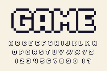 Pixel monochrome retro font Video computer game design 8 bit letters and numbers Vector alphabet