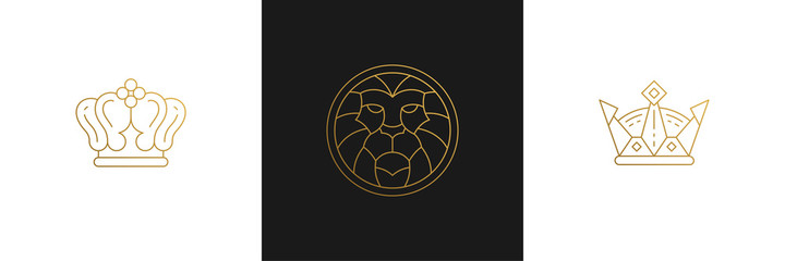 Vector line elegant decoration design elements set - lion head and king crowns illustrations minimal linear style © provectors