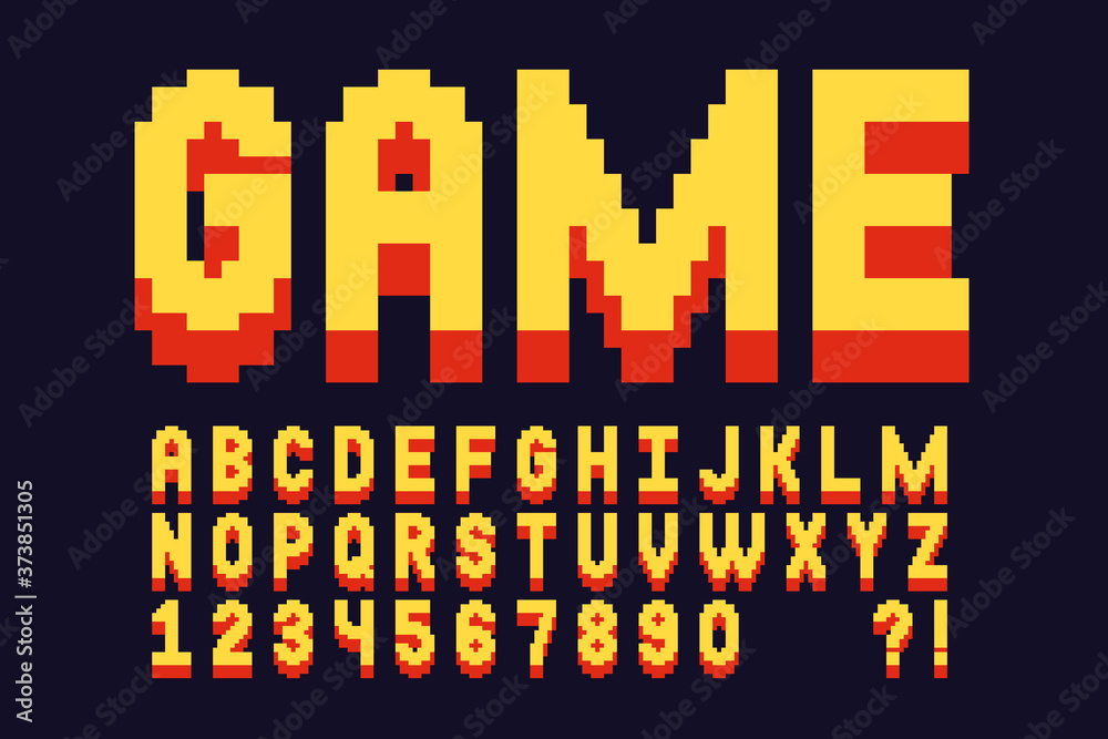 Poster Pixel font Video computer game design 8 bit retro letters and numbers Vector alphabet