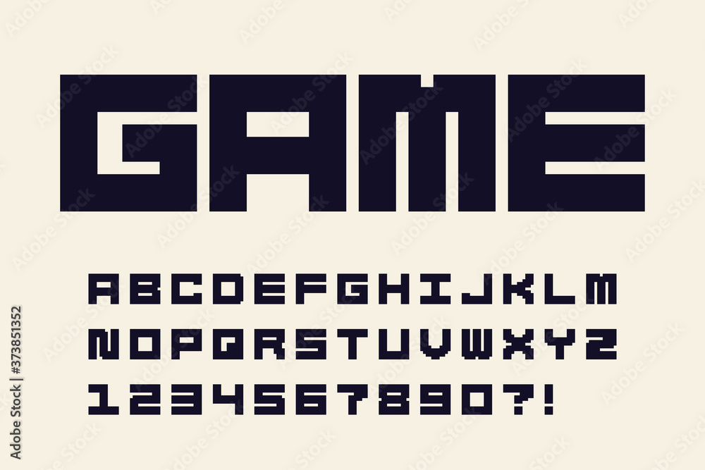 Poster Pixel font Video computer game design 8 bit retro letters and numbers Vector alphabet