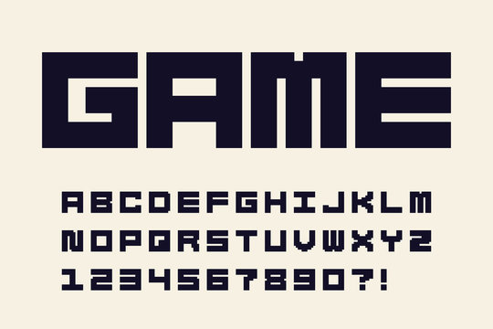 Pixel font Video computer game design 8 bit retro letters and numbers Vector alphabet