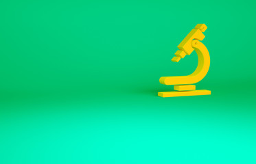 Orange Microscope icon isolated on green background. Chemistry, pharmaceutical instrument, microbiology magnifying tool. Minimalism concept. 3d illustration 3D render.