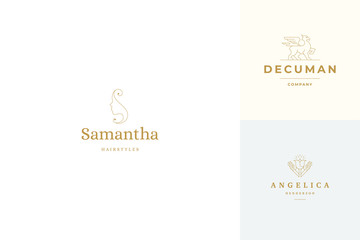 Vector line logos emblems design templates set - female face and gesture hands illustrations simple minimal linear style