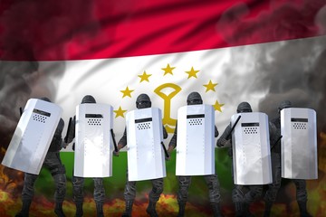 Tajikistan protest stopping concept, police swat protecting country against riot - military 3D Illustration on flag background