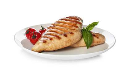 Tasty grilled chicken fillets with tomatoes and basil isolated on white