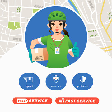 women courier deliverry service bring package and giving thumbs up, deliverry company mascot with map in the background