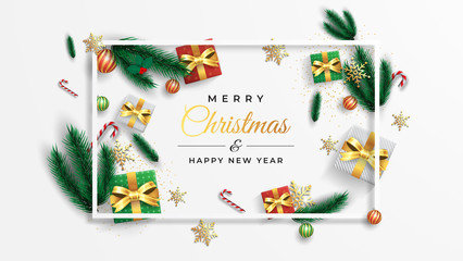 Christmas banner. Xmas Background object seen from above. Gifts, lights, Christmas tree, candy and gold snowflakes. Merry Christmas and New Year text.