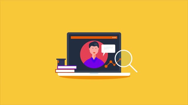 Distant leaning, online education, teacher teaching tutorial with video conferencing technology. Educational webinar and internet classes. Digital classroom and online certificate. 2d animation video.