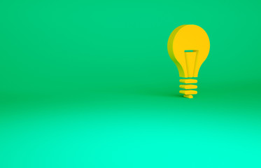 Orange Light bulb with concept of idea icon isolated on green background. Energy and idea symbol. Inspiration concept. Minimalism concept. 3d illustration 3D render.