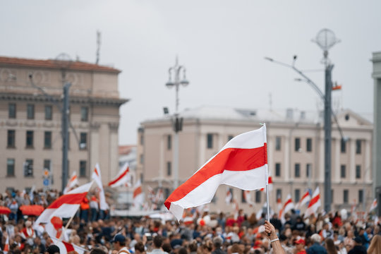 MINSK, BELARUS - August 23, 2020:  March of New Belarus in Minsk. Flag of Belarus. White red white