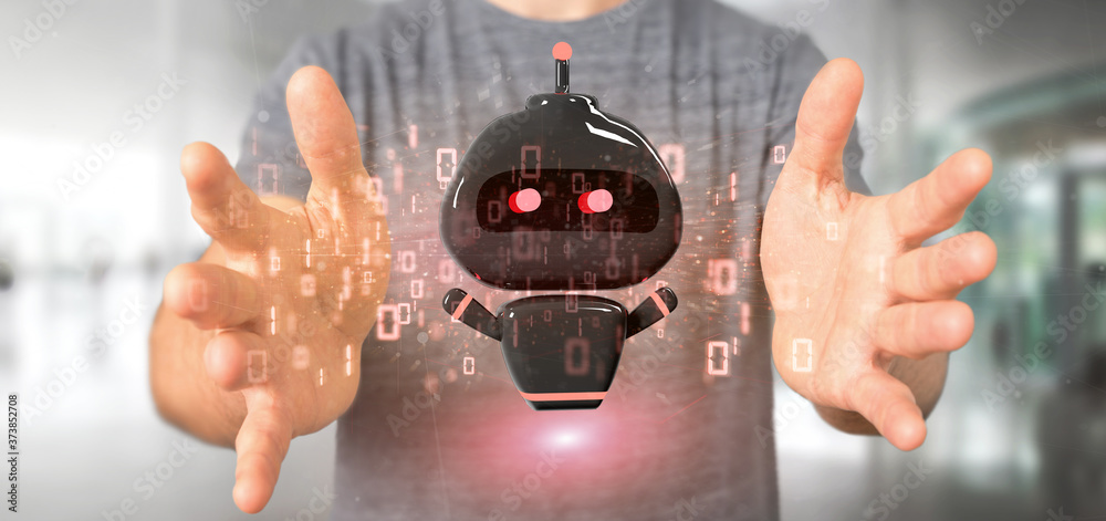 Poster businessman holding virus chatbot with binary code 3d rendering