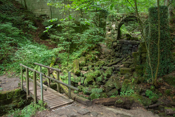 Obraz premium River Polenz Valley (Polenzthal) below the town of Hohnstein, Swiss Saxony National Park near Dresden, Germany, Saxony