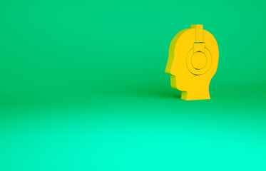 Orange Man with a headset icon isolated on green background. Support operator in touch. Concept for call center, client support service. Minimalism concept. 3d illustration 3D render.
