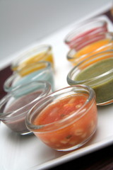 Variety of colorful vegetables cream soups and ingredients for soup.