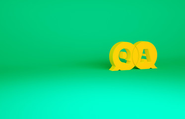 Orange Speech bubbles with Question and Answer icon isolated on green background. Q and A symbol. FAQ sign. Chat speech bubble and chart. Minimalism concept. 3d illustration 3D render.