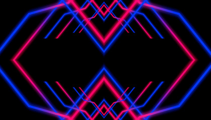 Futuristic abstraction of blue and pink neon light on black background with empty space for text. Empty neon stage, light figures.