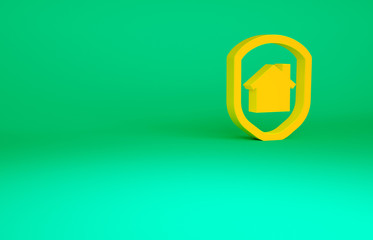 Orange House under protection icon isolated on green background. Home and shield. Protection, safety, security, protect, defense concept. Minimalism concept. 3d illustration 3D render.