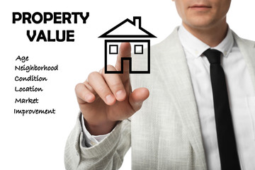 Fototapeta na wymiar Real estate agent using virtual screen with house illustration, closeup. Property value concept