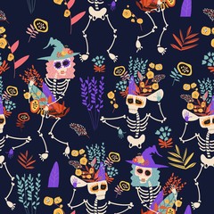 Seamless pattern with skeletons and flowers. Happy crazy Halloween