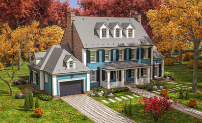 3d rendering of modern cozy classic house in colonial style with garage and pool for sale or rent with beautiful landscaping on background. Clear sunny autumn day with golden leaves anywhere.