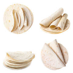 Set of corn tortillas on white background