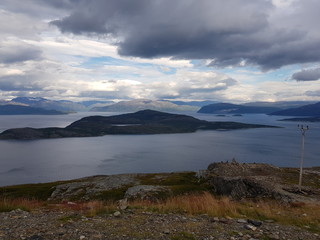 sea and fjord view from the top of the Kvenangsfjellet mountain in Nordreisa, northern Norway