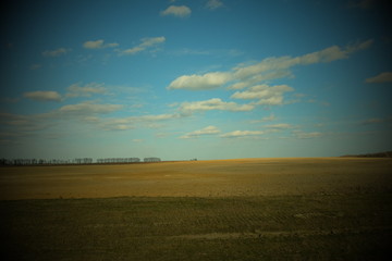 Beautiful cloudy sky over farmland. Spring landscape. Vignette.