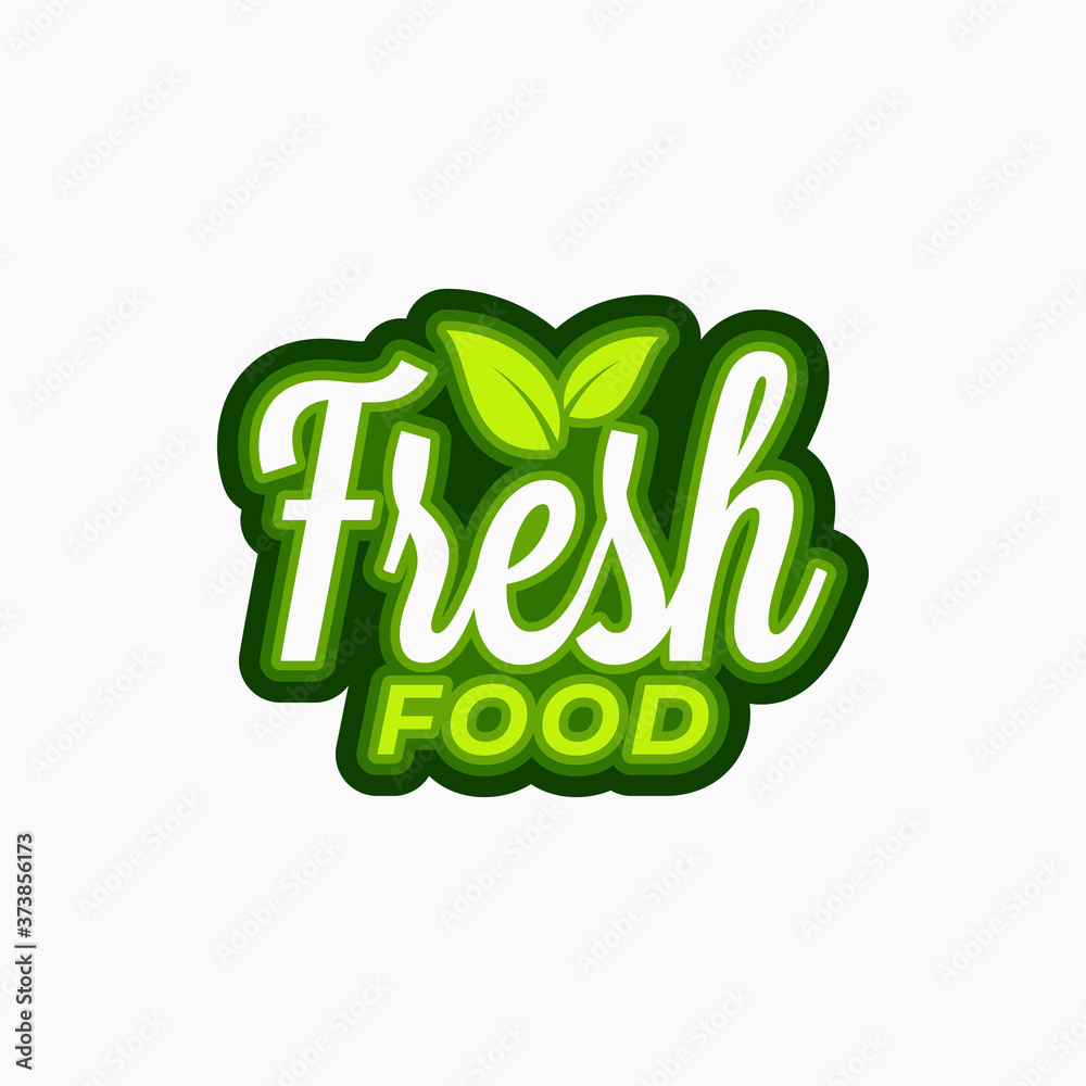 Sticker fresh food logo. lettering fresh food with green