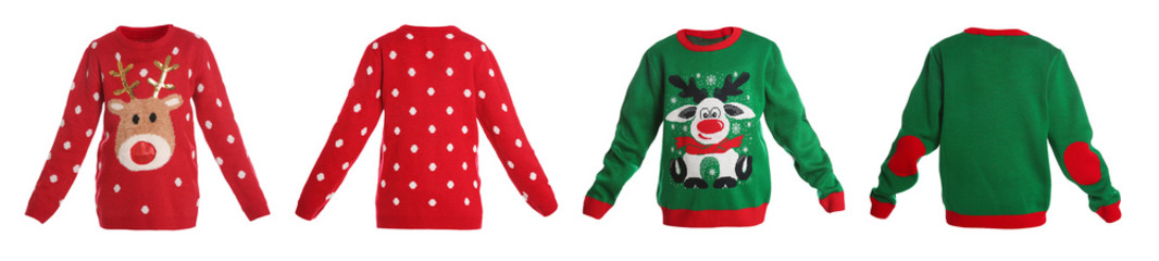 Warm Christmas sweaters on white background, front and back sides