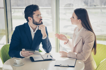 Portrait of his he her she two nice attractive stylish classy people ceo boss chief agent broker...
