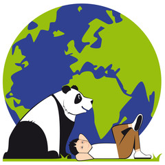 Un orso Panda e un ragazzino sdraiato sull'erba si prendono cura dell'ambiente.