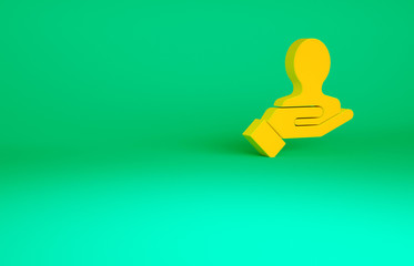 Orange Hand for search a people icon isolated on green background. Recruitment or selection concept. Search for employees and job. Minimalism concept. 3d illustration 3D render.