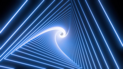Blue neon triangular tunnel moving into the distance, neon geometric background, abstract 3D background with spectral metal glow, long tunnel