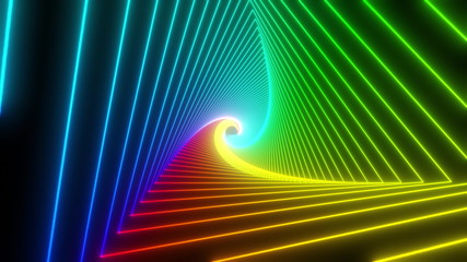 Rainbow triangle tunnel. Seamless 4K animation. Abstract motion screen background with animated loop box. Glowing neon frames with bright colors on a black background. 3D rendering