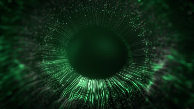 Digital human iris lines of green after an explosion scattering from a bright circle and forming a three-dimensional human eye model. 3D rendering animated abstract background in 4K