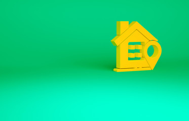 Orange Map pointer with house icon isolated on green background. Home location marker symbol. Minimalism concept. 3d illustration 3D render.