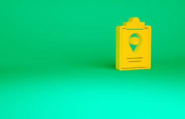 Orange Folded map with location marker icon isolated on green background. Minimalism concept. 3d illustration 3D render.
