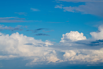 Blue skies on a clear day. White cumulus clouds float across the sky.