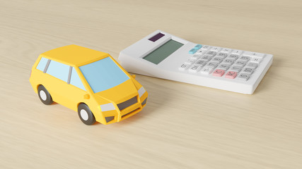 A photo-realistic CG illustration of a car toy and a calculator on a plane.