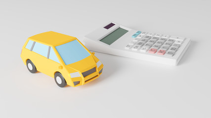 A photo-realistic CG illustration of a car toy and a calculator on a plane.